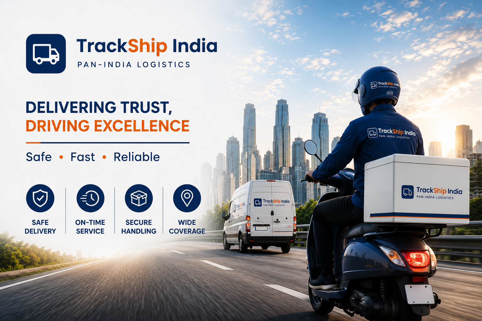 TrackShip India delivery rider and van on a city highway with the tagline Delivering Trust, Driving Excellence